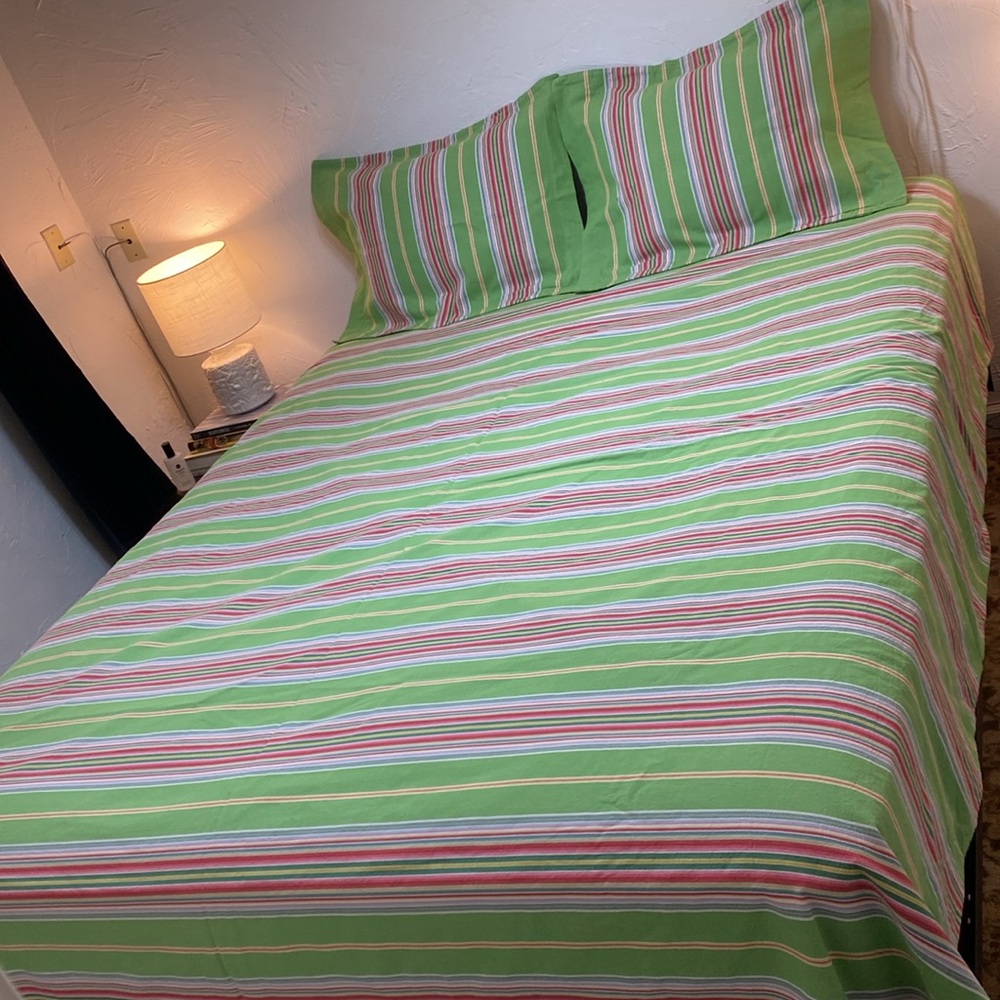 Pottery Barn Newport Green Striped Duvet Queen Two Standard Pillow Shams Set